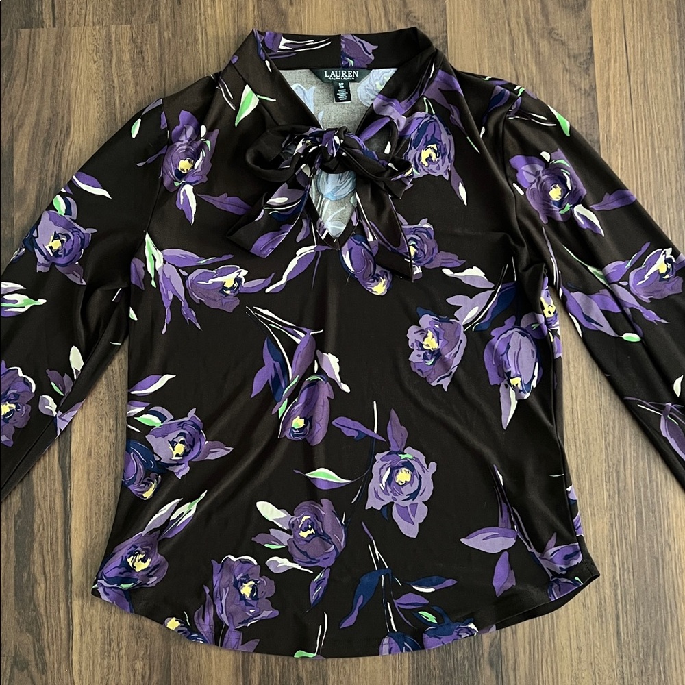 Floral Print Brown and Purple Bow Tie Blouse by Lauren Ralph Lauren